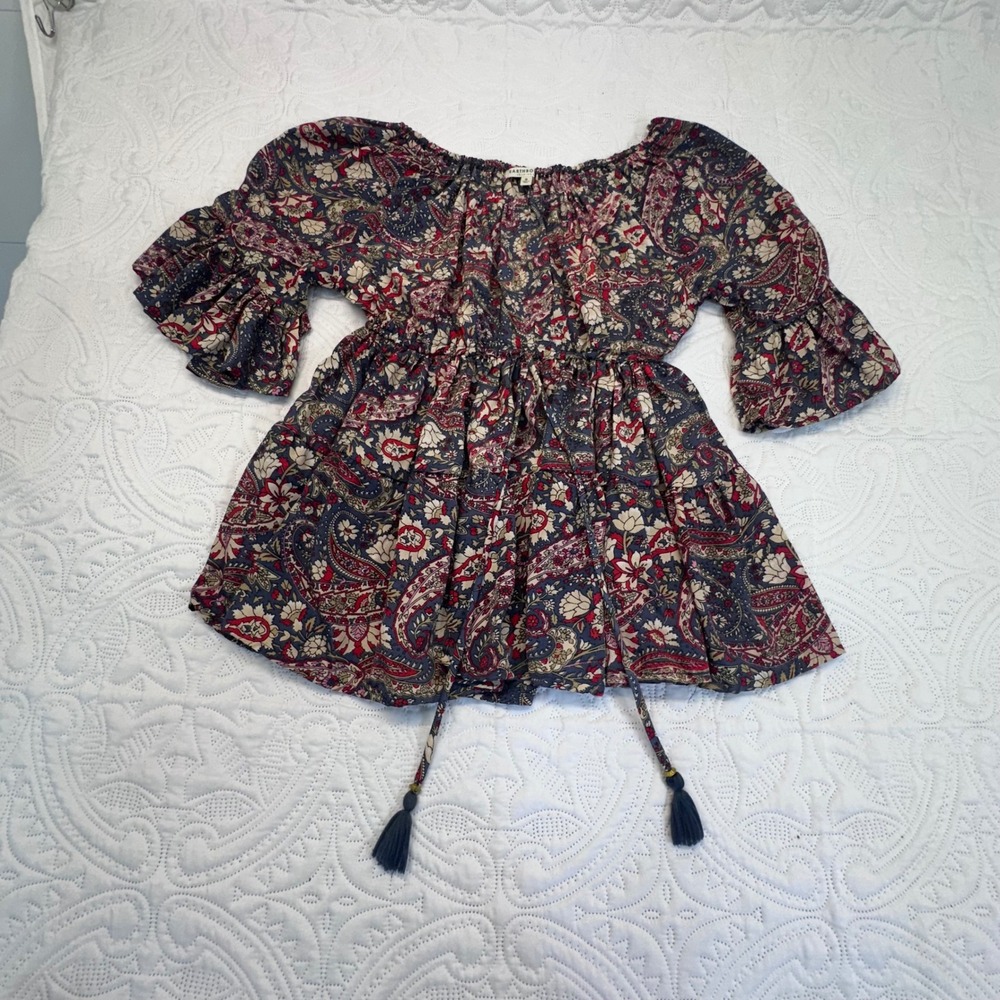 Earthbound Trading Co Paisley Peasant Blouse Navy Red Ruffle Sleeve Tassel Small